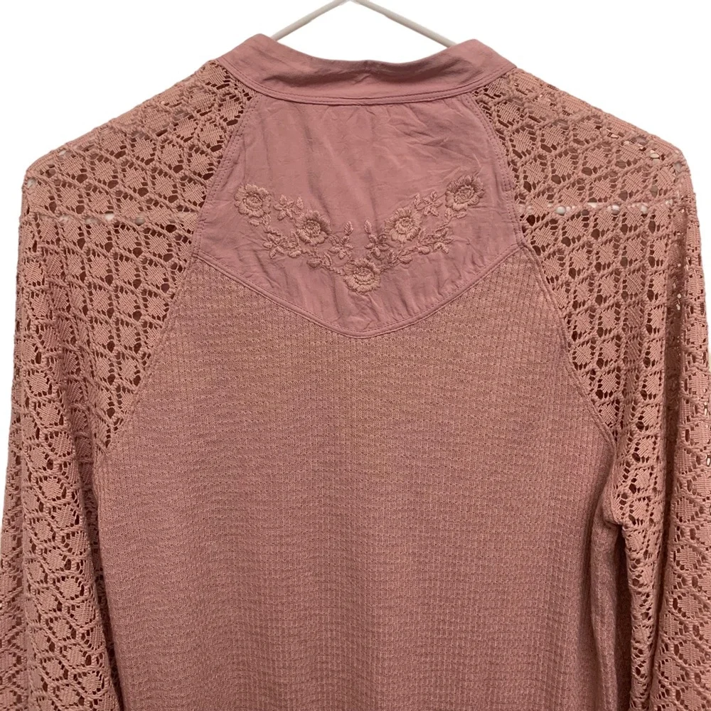 Free People Embroidered Crocheted Thermal High Neck Top